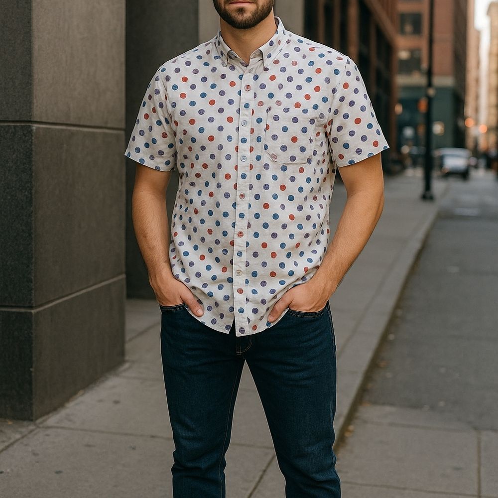 Straight Faded Polka Dot Button Up Shirt L White Red Blue S/S Normcore Preppy Ca